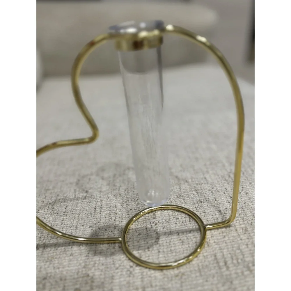 Heart Shaped Metal Bud Vase w Glass‎ Test Tube Gold Tone Minimalist Decor